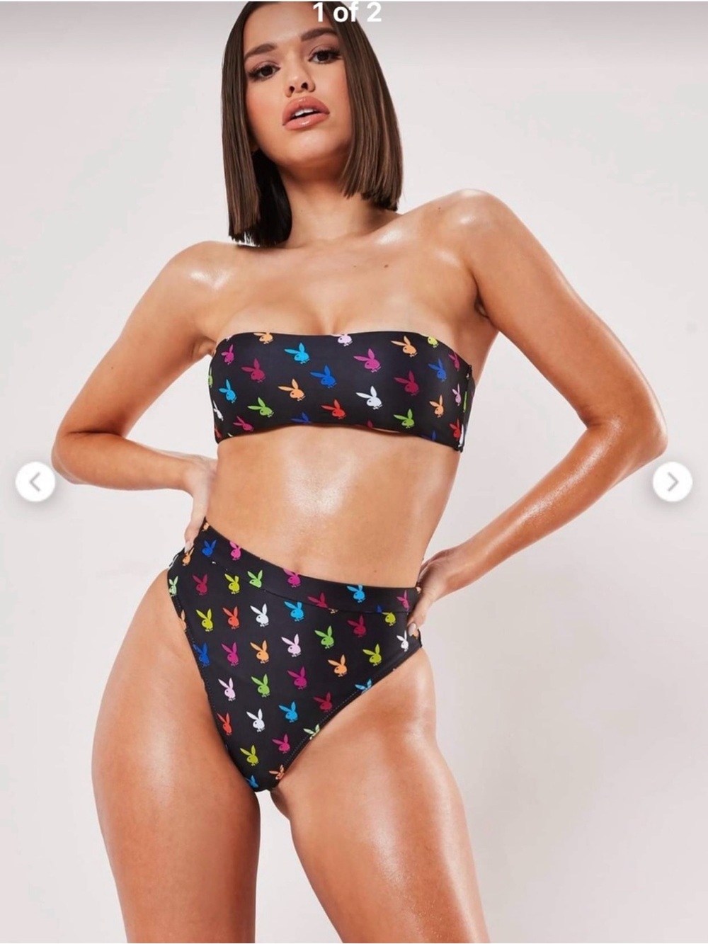 PLAYBOY X MISGUIDED Black Bandeau Bikini with Multicolor Bunny Print